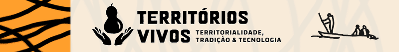 Banner do evento Territórios Vivos: Territorialidade, Tradição & Tecnologia. À esquerda, uma faixa laranja com listras pretas; no centro, o logotipo em preto com mãos segurando uma moringa e o texto; à direita, uma ilustração em traço preto de uma pessoa remando em um barco com outros ocupantes, sobre um fundo creme com texturas sutis.