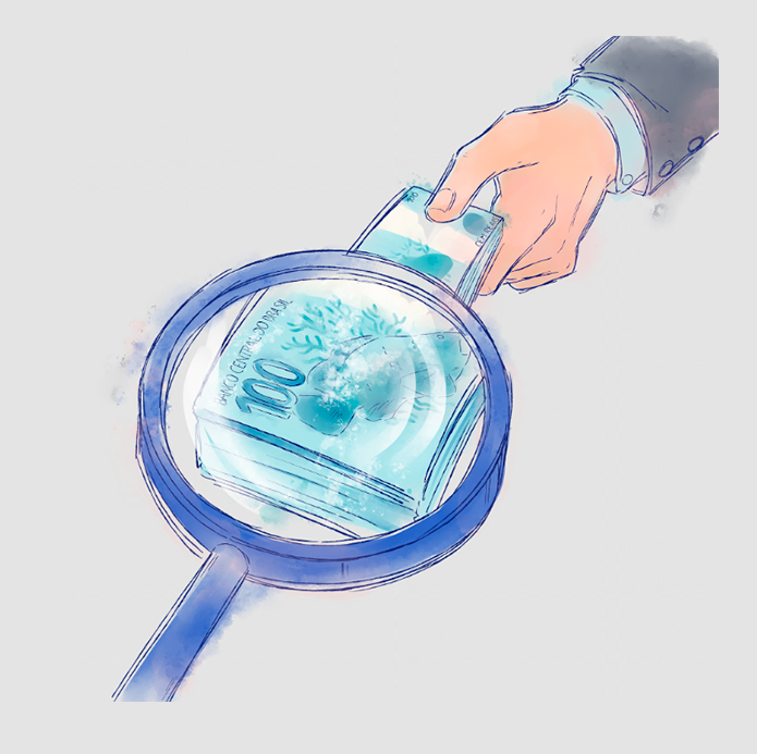 Ilustração em estilo aquarela de um maço de notas de 100 reais sendo examinado por uma lupa.
