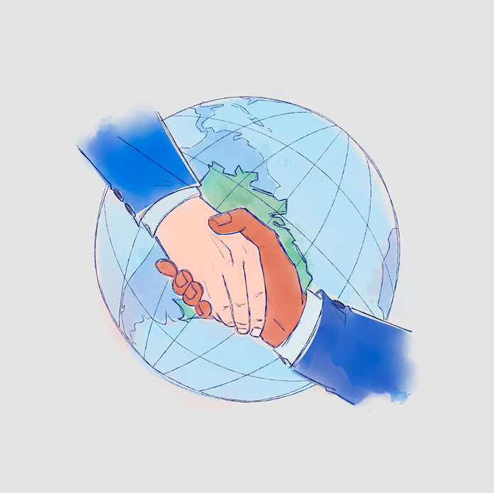 Ilustração de dois homens de terno apertando as mãos diante do globo terrestre com destaque para o mapa do Brasil.