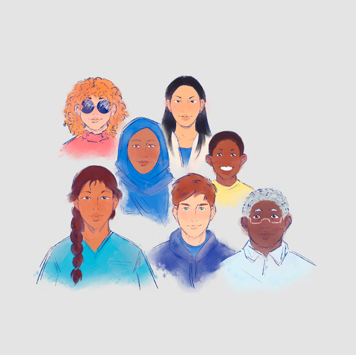 Ilustração representando um grupo diversificado de pessoas de diferentes idades e etnias.