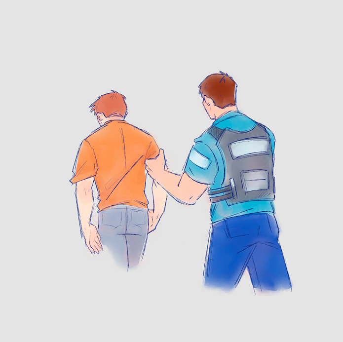 Ilustração de um agente de segurança em colete tático acompanhando um homem à sua frente.