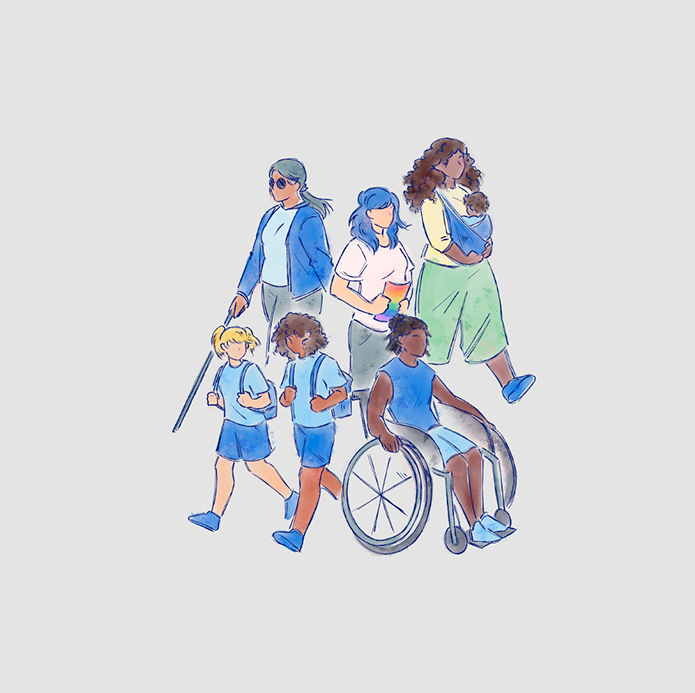 Ilustração de um grupo de pessoas diversas, incluindo estudantes, uma pessoa cega com bengala, uma usuária de cadeira de rodas e uma mãe carregando um bebê.