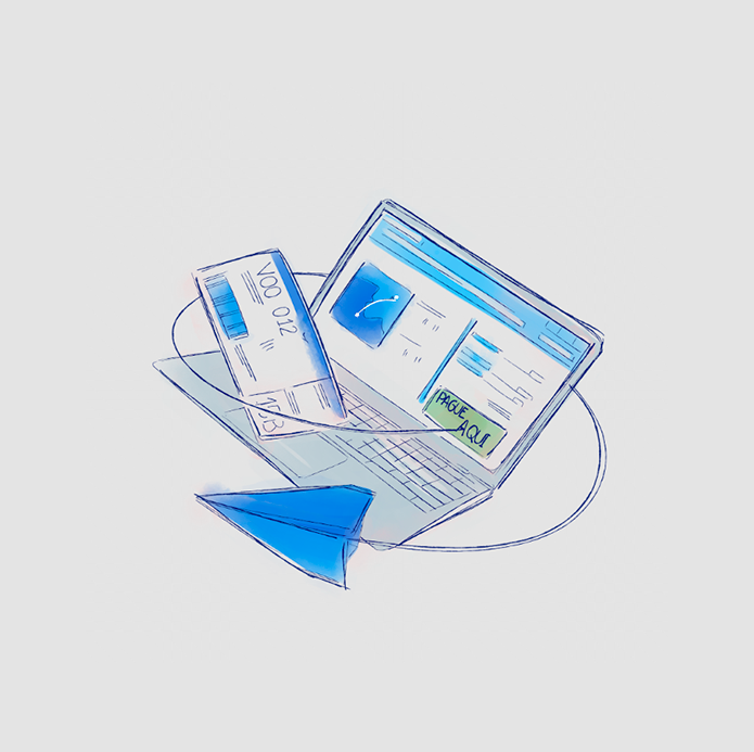 Ilustração em estilo aquarela de um notebook aberto exibindo uma página de compras de voo, uma passagem aérea, um avião de papel azul e um botão escrito "Pague Aqui".