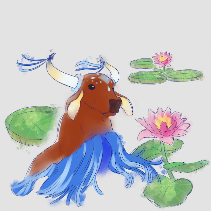 Ilustração em aquarela de uma cabeça de boi decorada ao lado de vitórias-régias e flores de lótus rosa.