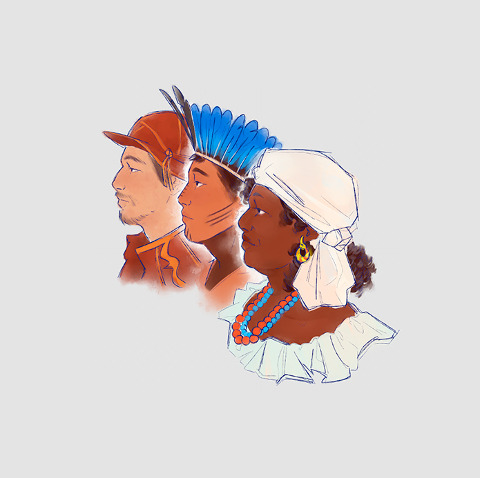 Ilustração dos perfis de três pessoas representativas da diversidade e cultura brasileira.