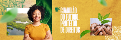 Imagem de uma mulher negra sorridente com braços cruzados e t-shirt amarela, com recortes de mãos a segurar uma muda de planta e uma paisagem natural ao fundo.