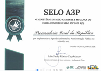 Certificado do Selo A3P 2025 concedido à Procuradoria-Geral da República pelo Ministério do Meio Ambiente e Mudança do Clima, assinado pelo Ministro João Paulo Ribeiro Capobianco em 11 de junho de 2026.