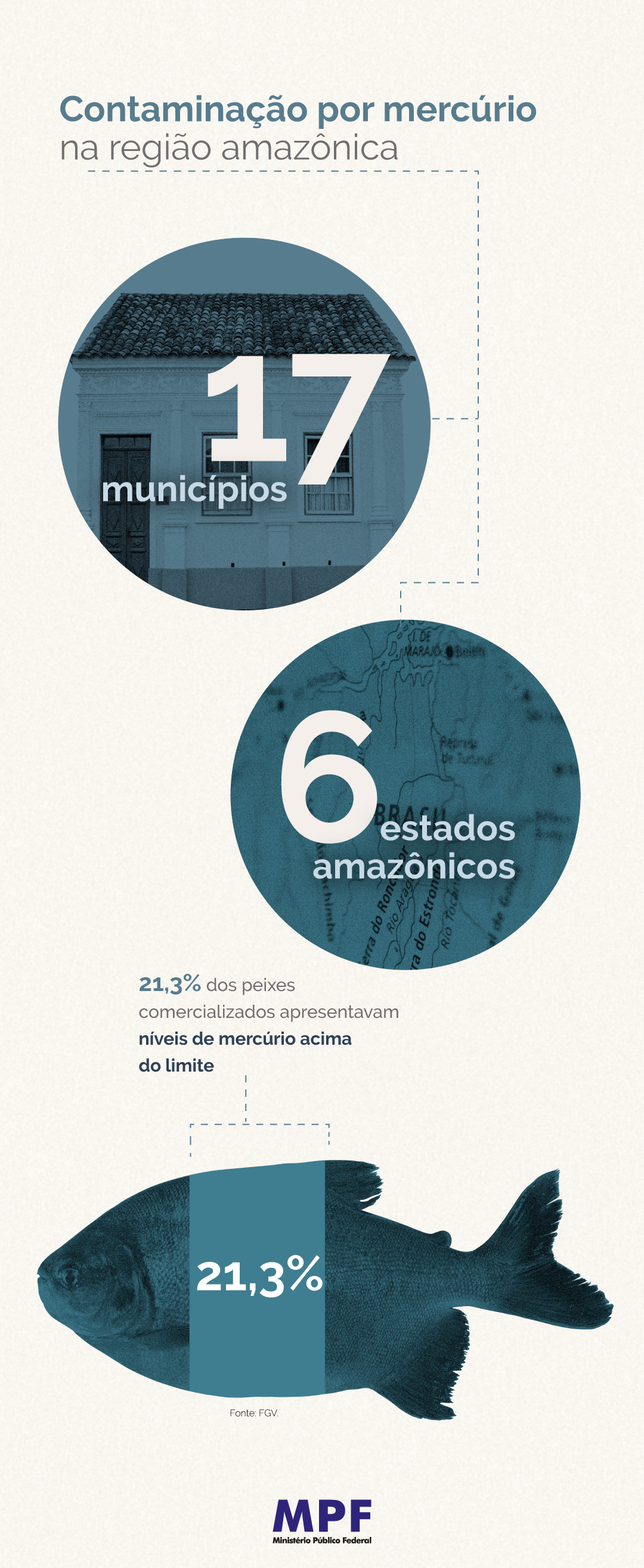 Infográfico com as seguintes informações: Contaminação por mercúrio na região amazônica Em 17 municípios de 6 estados amazônicos 21,3% dos peixes comercializados apresentavam níveis de mercúrio acima do limite Fonte: FGV
