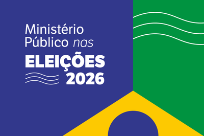Arte com fundo azul na parte à esquerda com a expressão Ministério Público nas Eleições 2026 escrita com letras brancas; na parte direita fundo verde com três linhas curvas e na parte inferior, metade de um losango amarelo com metade de um círculo azul, toda a composição remete à bandeira do Brasil