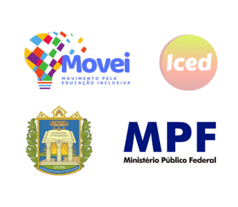 A imagem mostra quatro logotipos. No topo esquerdo, há um logotipo colorido com um balão de ar quente e a palavra Movei. No topo direito, há um logotipo simples com as letras Iced em um círculo. Na parte inferior, há o brasão da Ufopa. À direita na parte inferior, há as letras MPF e com o texto Ministério Público Federal embaixo.